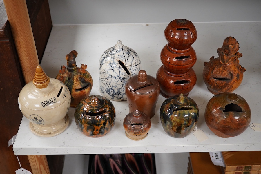 A group of ten various 19th century stoneware money boxes, tallest 19cm. Condition - varies